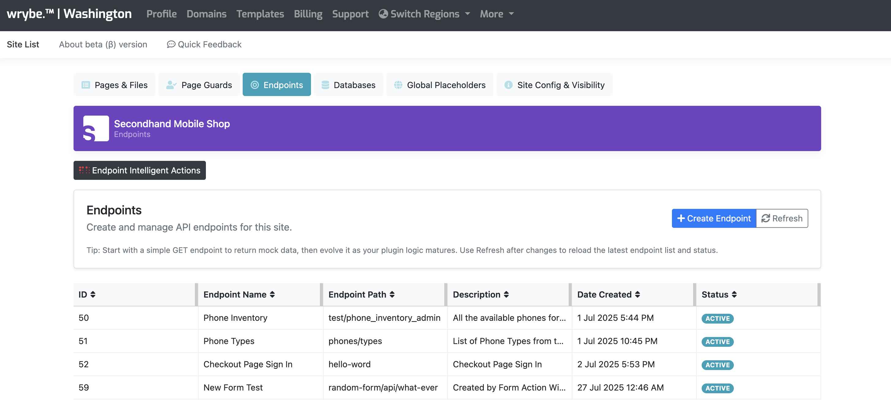 Screenshot of wrybe API endpoint event configuration, showing logic chain options like geo-blocking and data transformation.