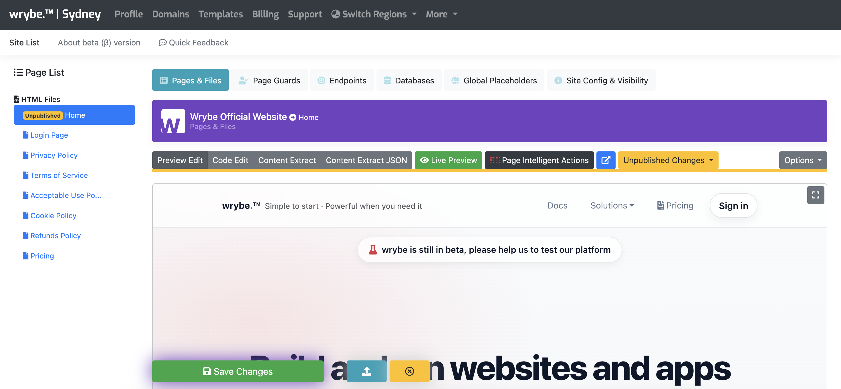 Screenshot of the wrybe.com platform user interface showing page list and a 'Live Preview' button, demonstrating prototyping capabilities.
