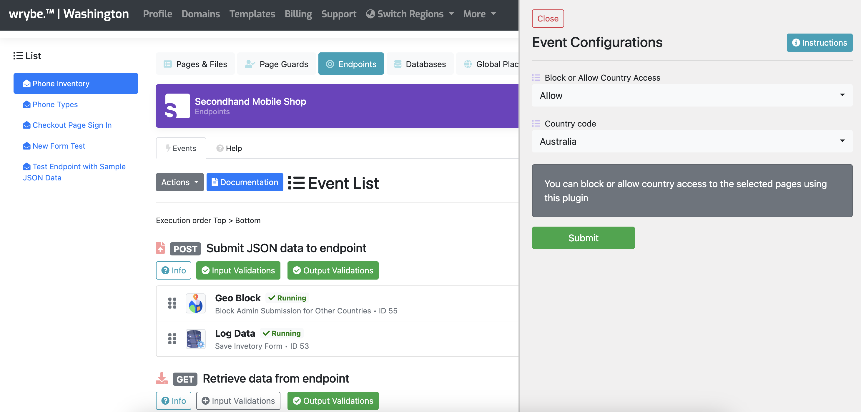 Screenshot of wrybe API endpoint management interface, listing various endpoints with details.