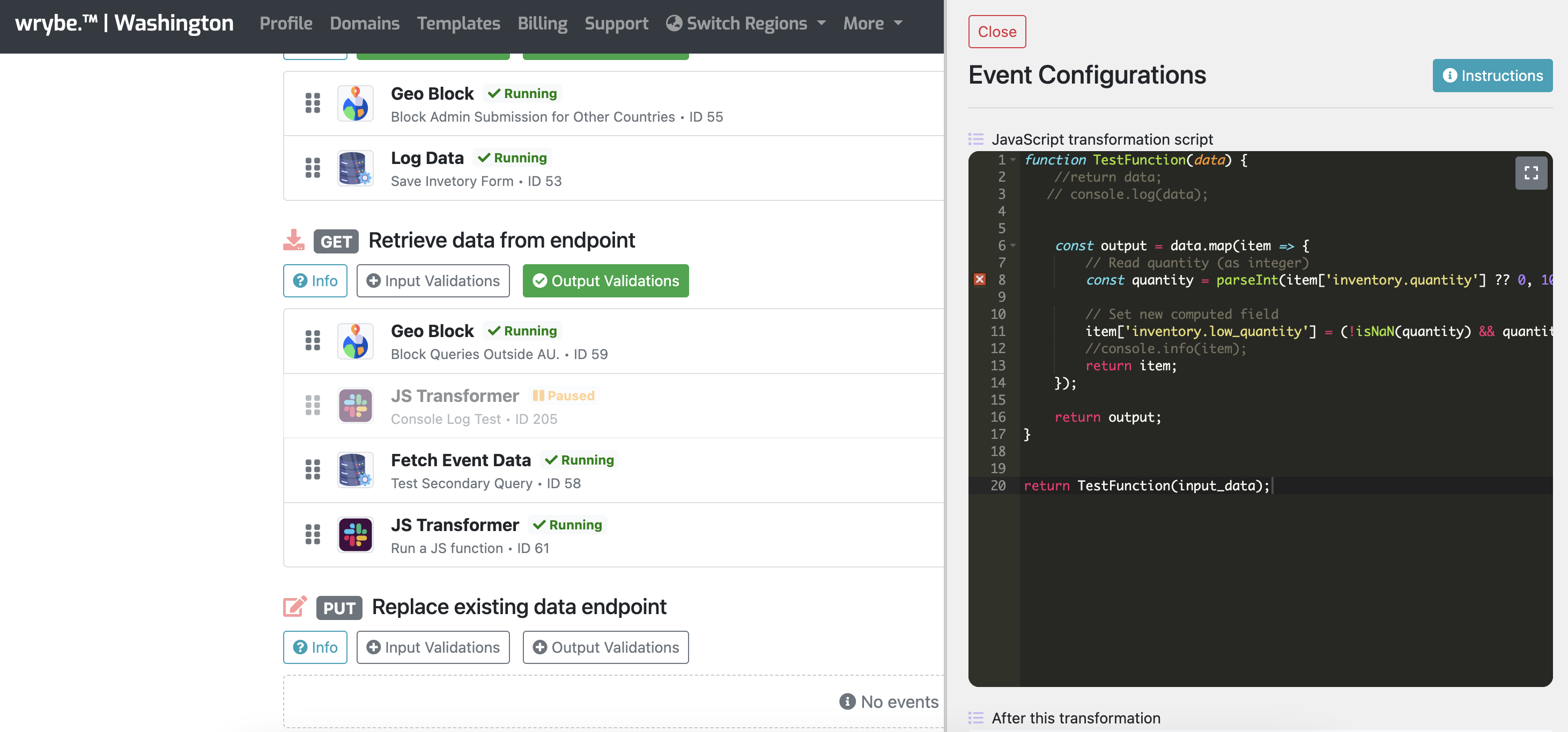 Screenshot of wrybe's dataflow orchestration user interface showing event configurations, workflow steps, and JavaScript transformation script