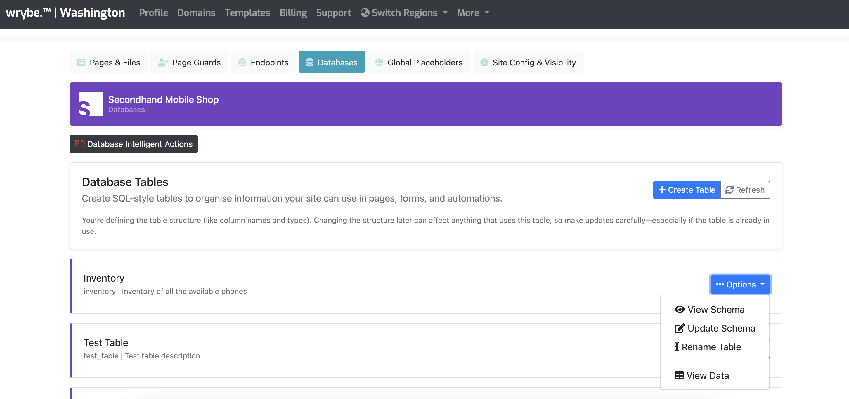 Screenshot of the wrybe.com user interface showcasing database management features for app design, including table lists and actions.