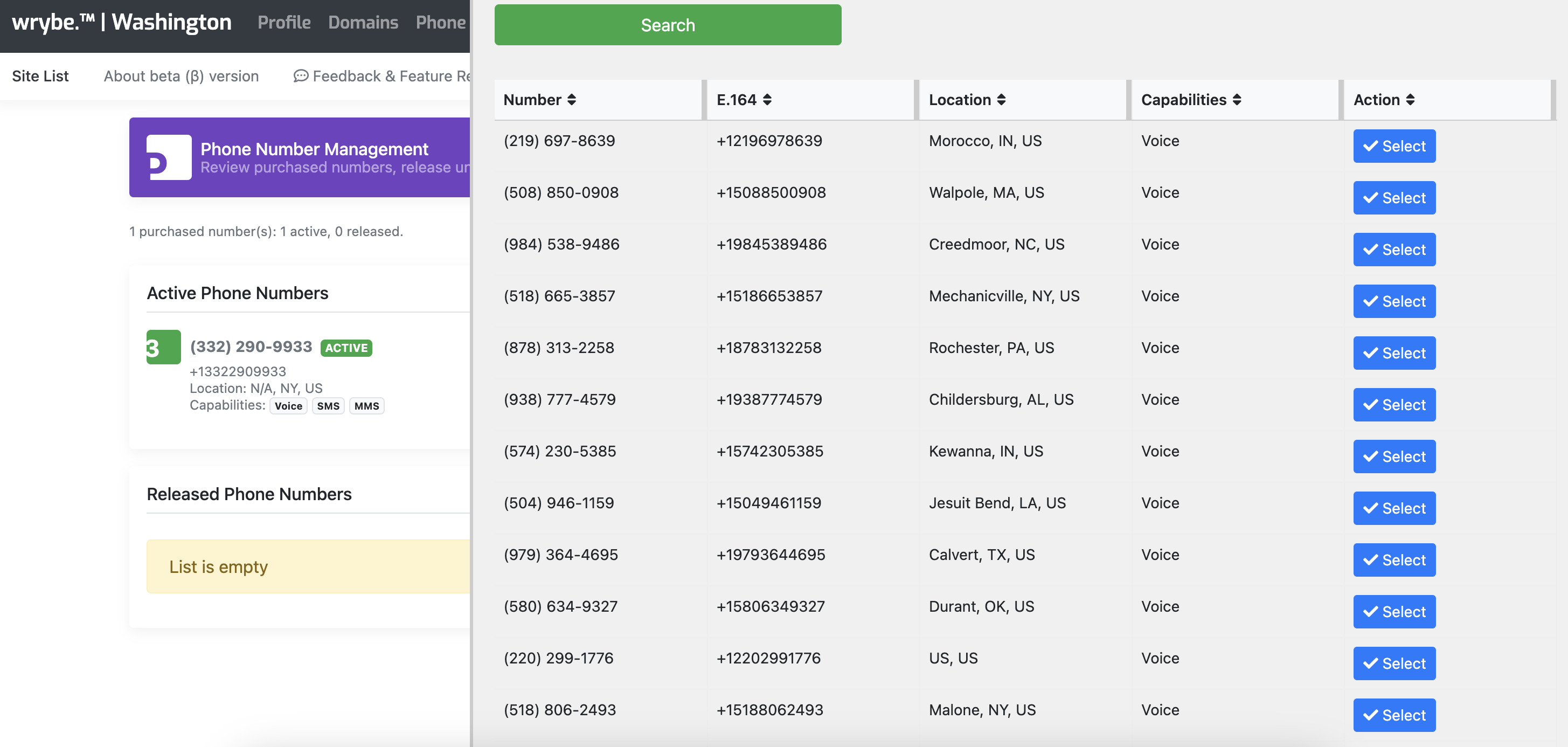 Phone number management and selection interface