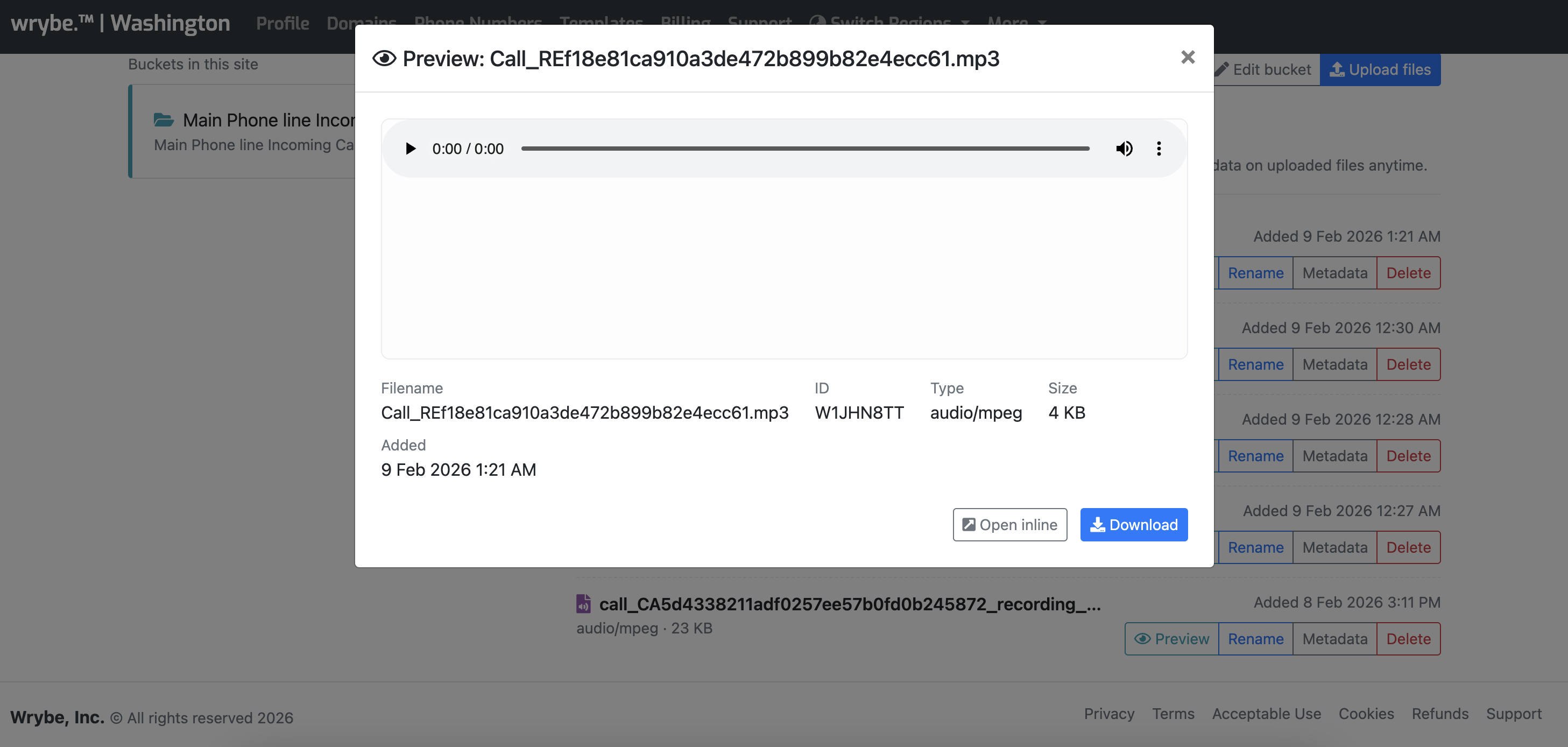 Voice call playback and file management modal