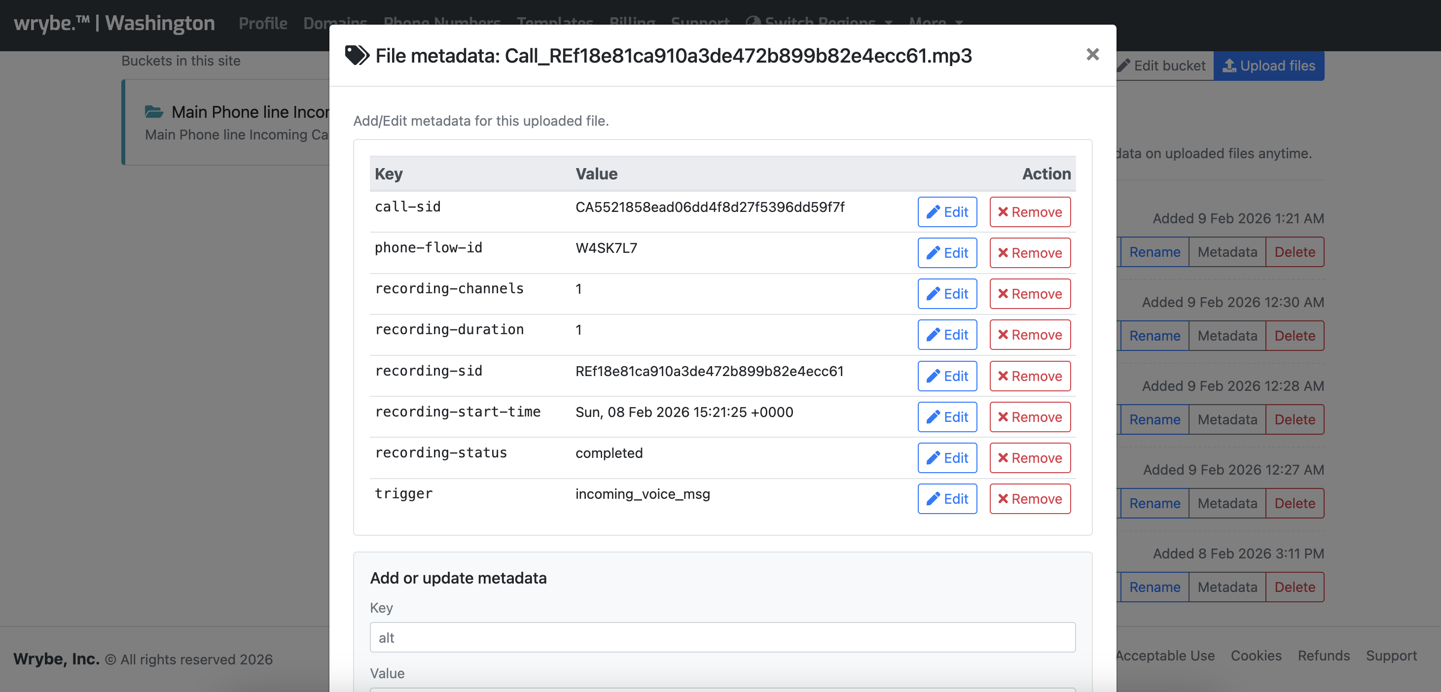 Call recording metadata and storage logs